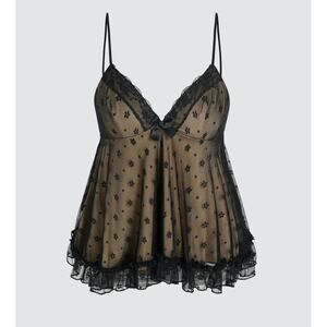 NWT Sexy Floral Lace VNeck Ruffle Cami Stretch Top Adjustable Straps L Black Tan